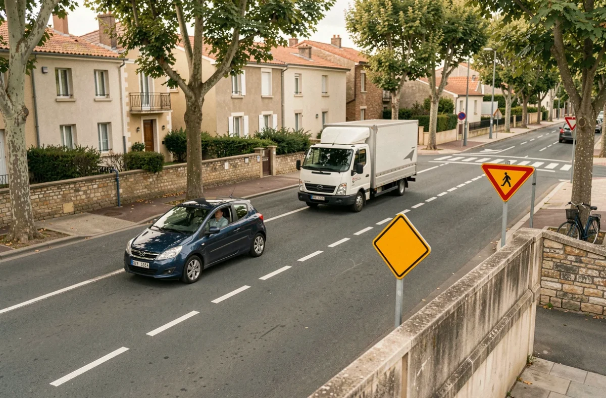 Dépassement d'un camion sur une route prioritaire en zone périurbaine française