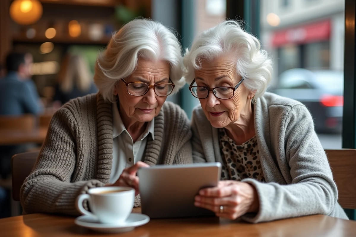 Deux femmes âgées consultent une tablette dans un café animé