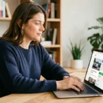 Femme obtenant un devis assurance auto en ligne sur son ordinateur portable depuis son bureau à domicile
