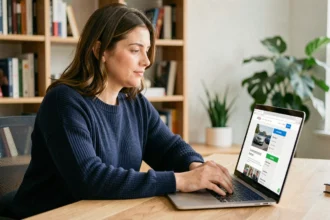 Femme obtenant un devis assurance auto en ligne sur son ordinateur portable depuis son bureau à domicile
