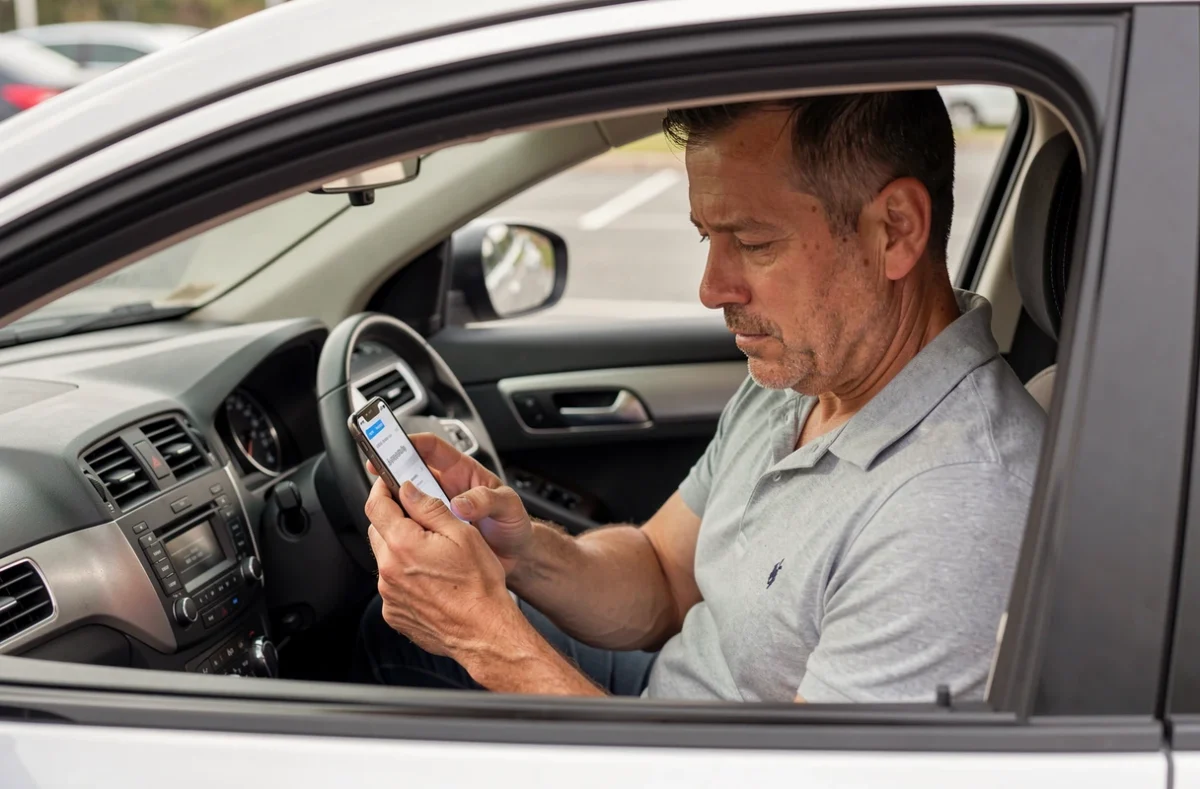 Homme consultant une offre d'assurance auto en ligne sur smartphone assis dans sa voiture