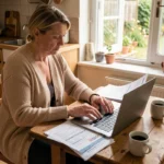 Femme consultant un devis d'assurance voiture sans permis sur ordinateur portable à domicile