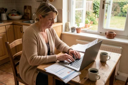 Femme consultant un devis d'assurance voiture sans permis sur ordinateur portable à domicile