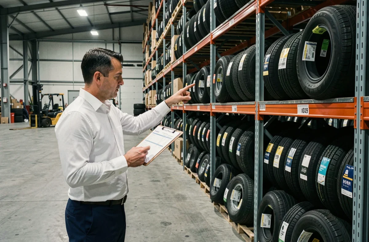 Représentant commercial Maxityre dans un entrepôt de distribution de pneus vérifiant les stocks et l'inventaire
