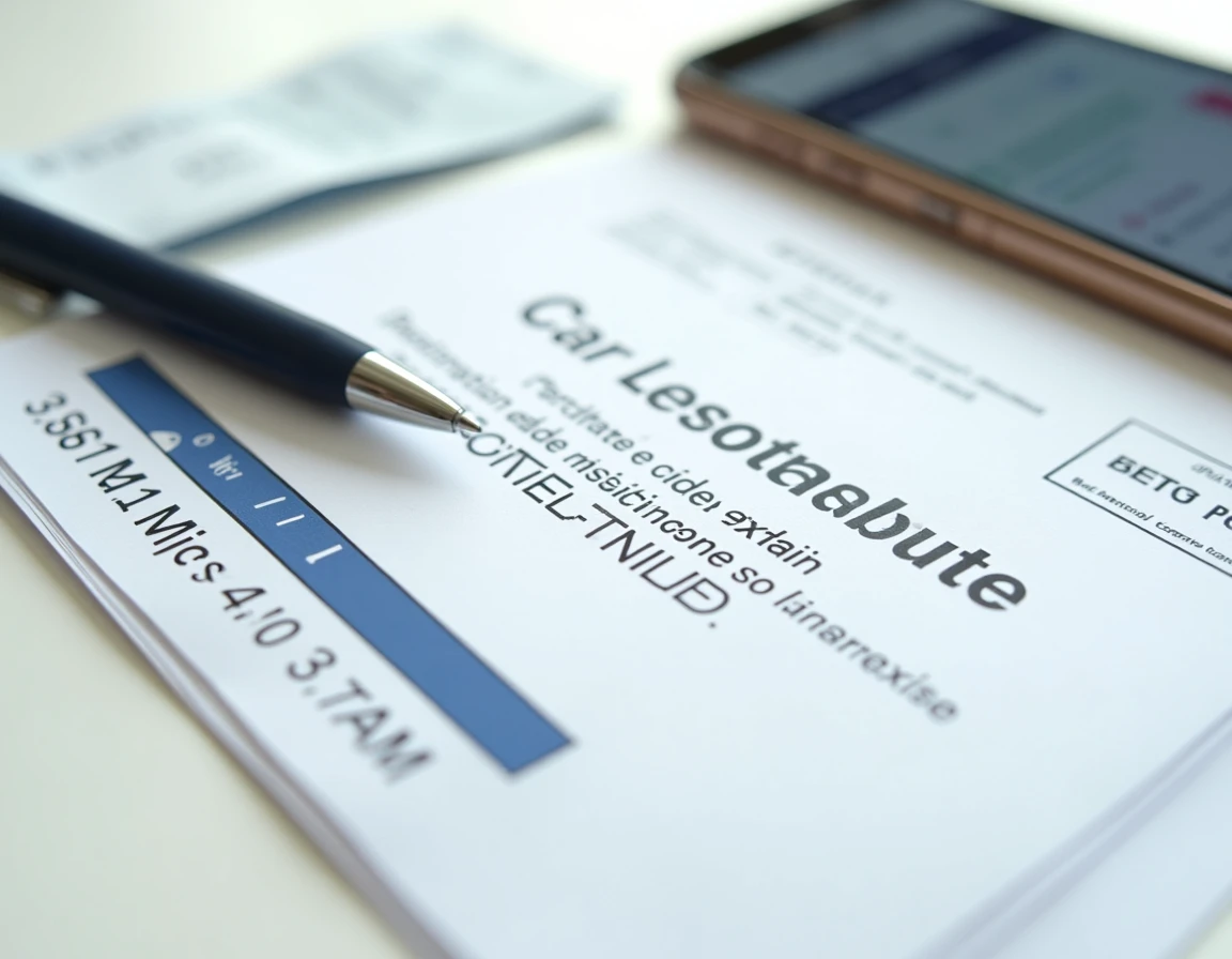 Flatlay de documents administratifs pour une demande de carte grise en ligne incluant certificat d'immatriculation et smartphone