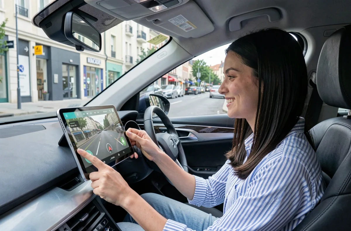 Jeune femme utilisant une application numérique de formation à la conduite dans une voiture moderne, Driving School News Generation
