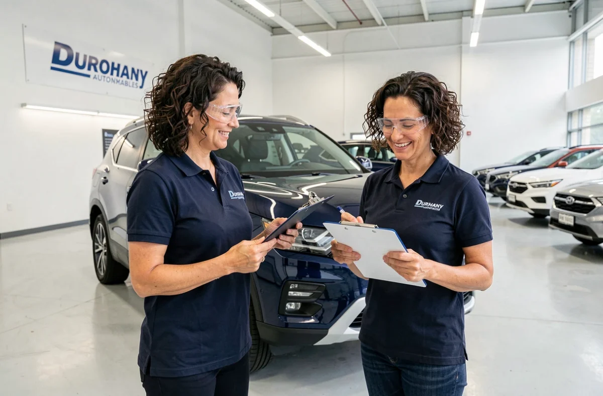 Professionnelle de Durohany Automobiles vérifiant une liste de contrôle à côté d'un SUV réparé dans un showroom moderne