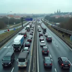 Embouteillage sur le périphérique de Toulouse avec de nombreux véhicules immobilisés et la ville en arrière-plan