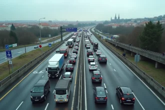 Embouteillage sur le périphérique de Toulouse avec de nombreux véhicules immobilisés et la ville en arrière-plan