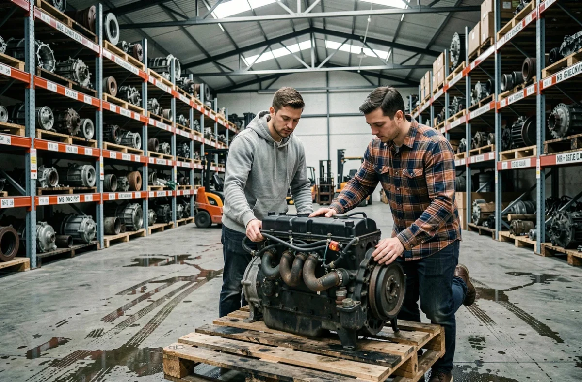 Deux hommes examinant un moteur d'occasion dans l'entrepôt d'un centre de recyclage automobile