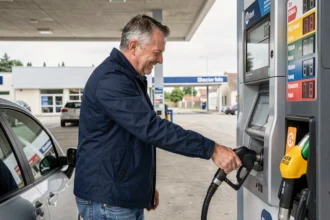 Automobiliste faisant le plein d'essence à une station-service low-cost près de Roanne pour économiser sur le carburant