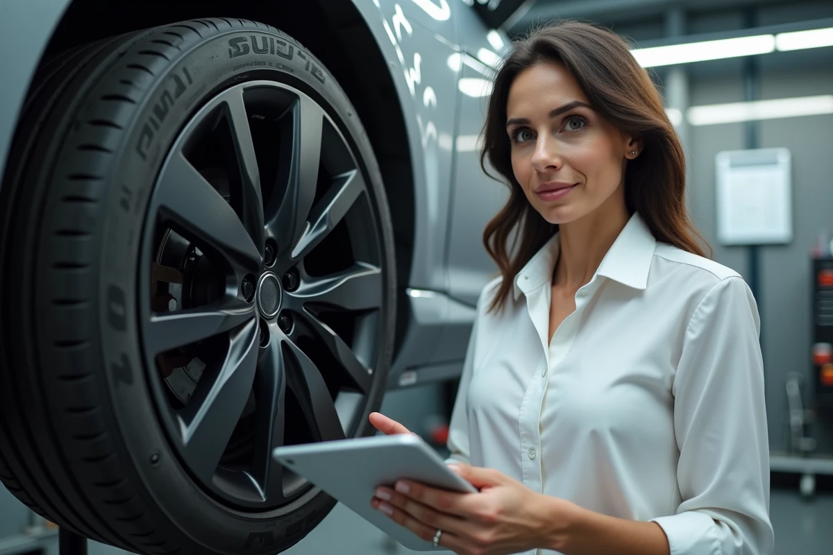 Estimatrice automobile inspectant une jante noire mate sur un stand rotatif en atelier de rénovation, pour illustrer l'évaluation professionnelle du coût de préparation des jantes