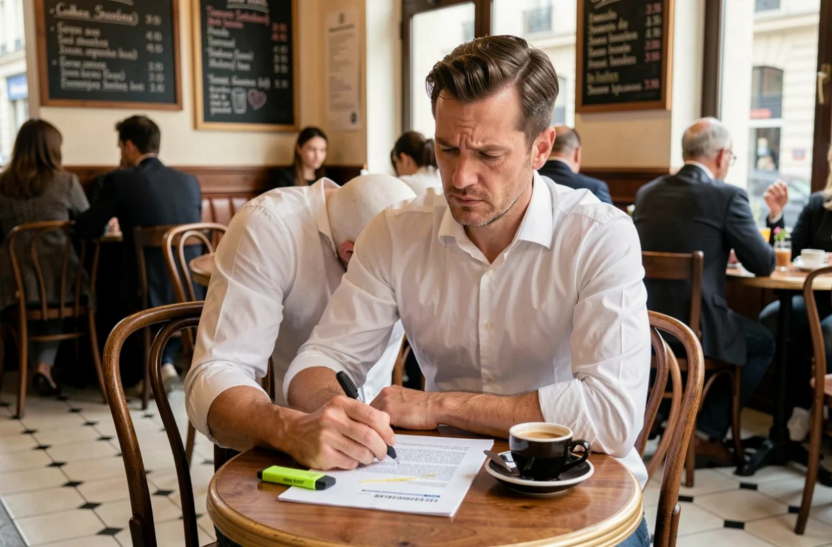 Homme en pause déjeuner étudiant les 100 questions du permis de conduire dans un café parisien