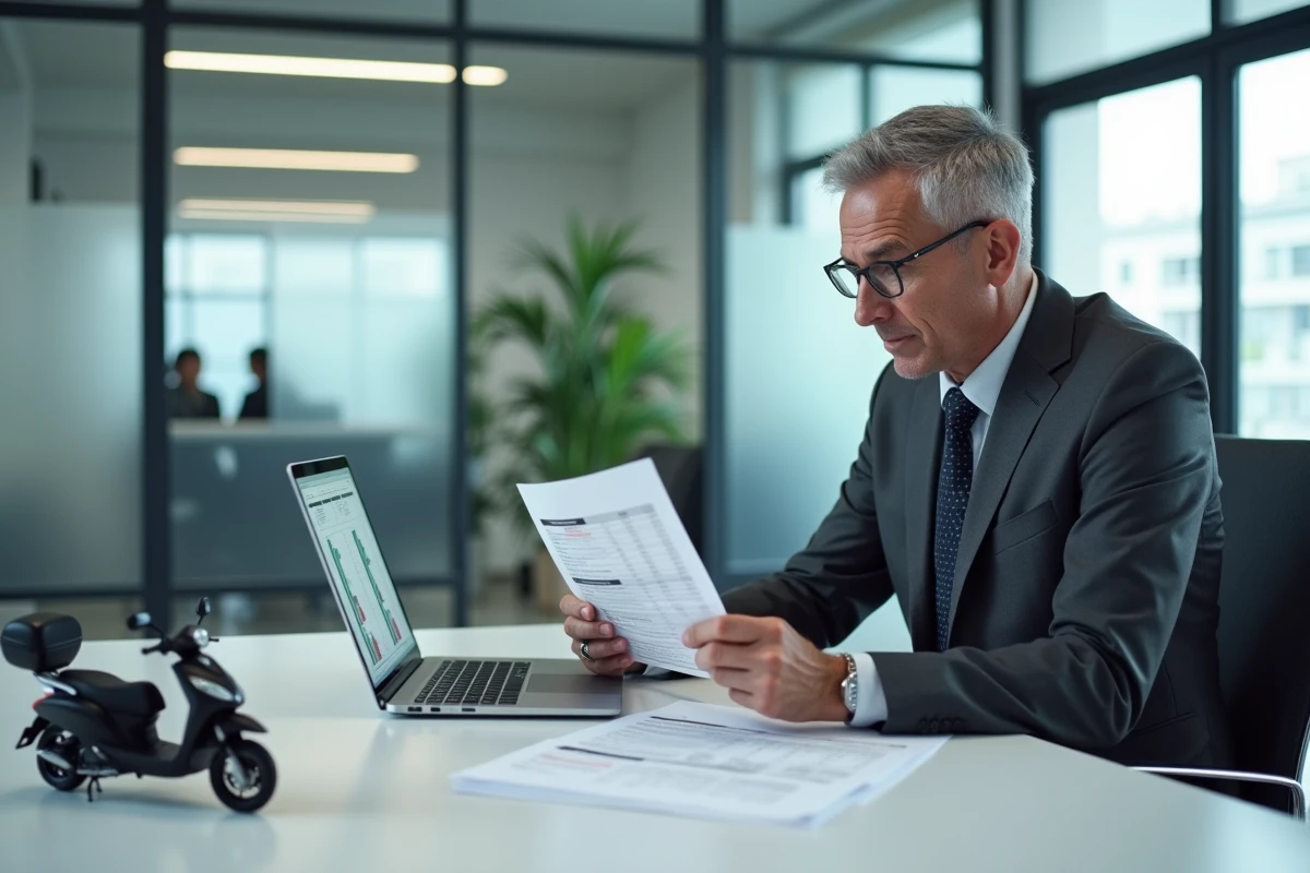 Expert en évaluation automobile analysant les cotes des scooters électriques et thermiques dans un bureau professionnel