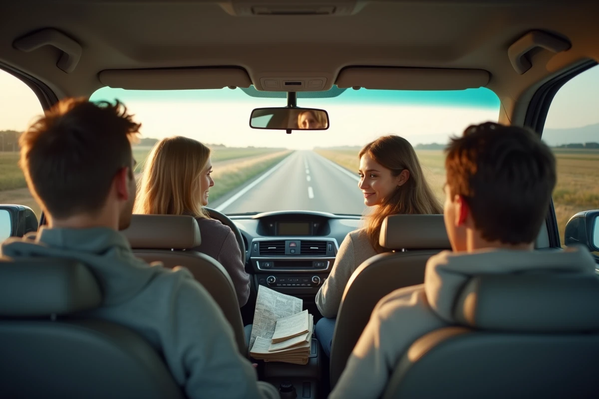 Famille en voiture passant un péage d'autoroute au début d'un road trip de vacances d'été en France
