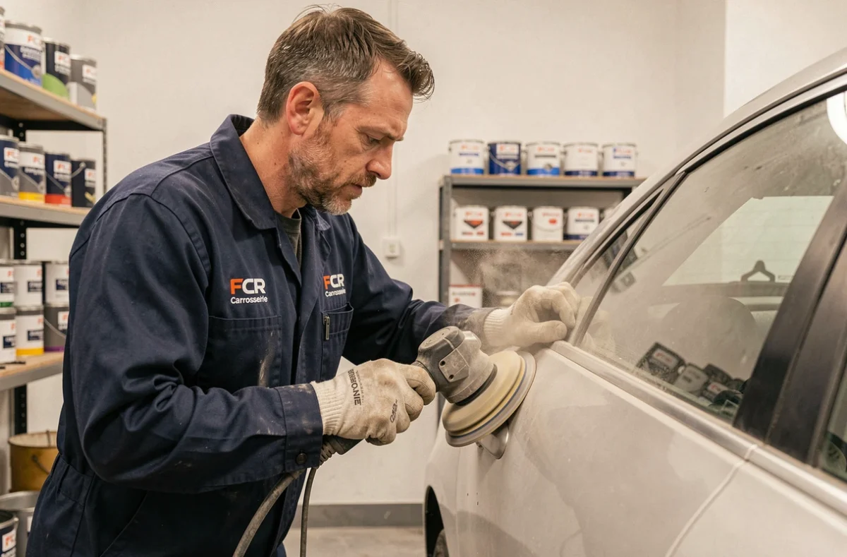 Technicien de FCR Carrosserie ponçant une portière de voiture dans un atelier propre et professionnel