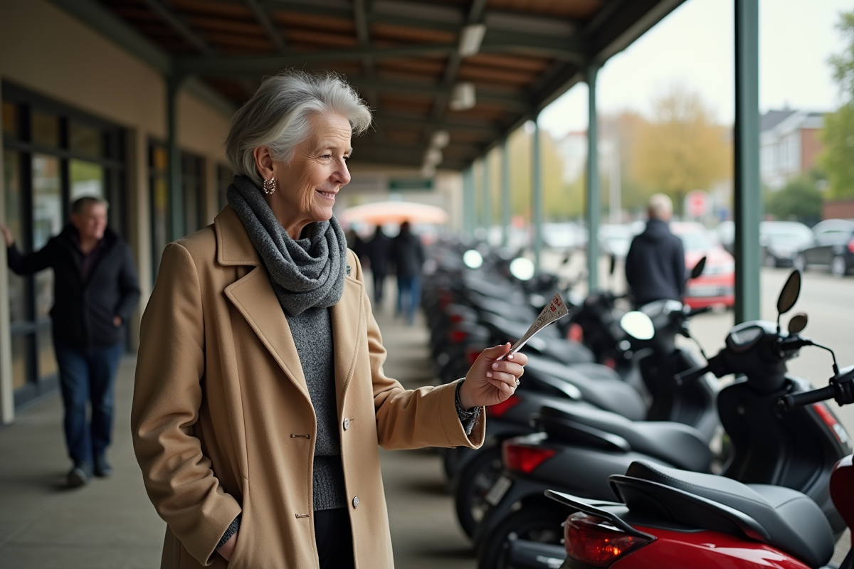 Femme regardant prix de scooters en marché