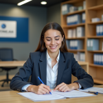 Jeune femme en blazer remplissant papiers dans un bureau administratif