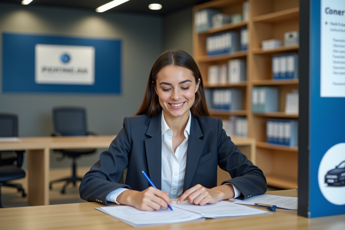 Jeune femme en blazer remplissant papiers dans un bureau administratif