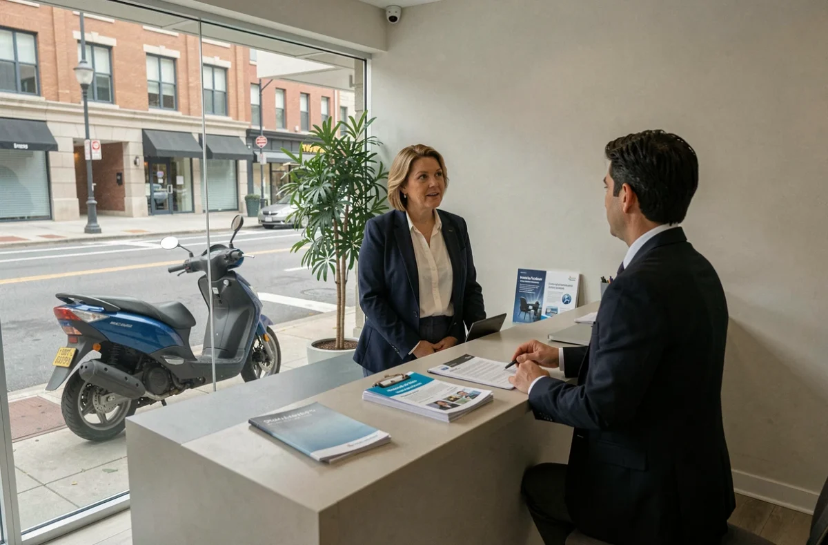 Femme en agence d'assurance discutant de la couverture de son scooter suite à une suspension de permis