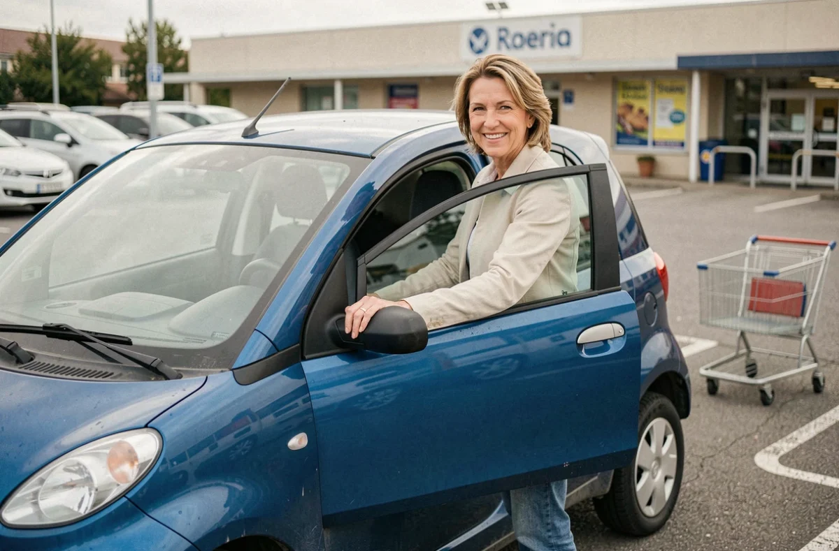 Femme souriante ouvrant la portière d'une Aixam électrique d'occasion dans un parking de supermarché