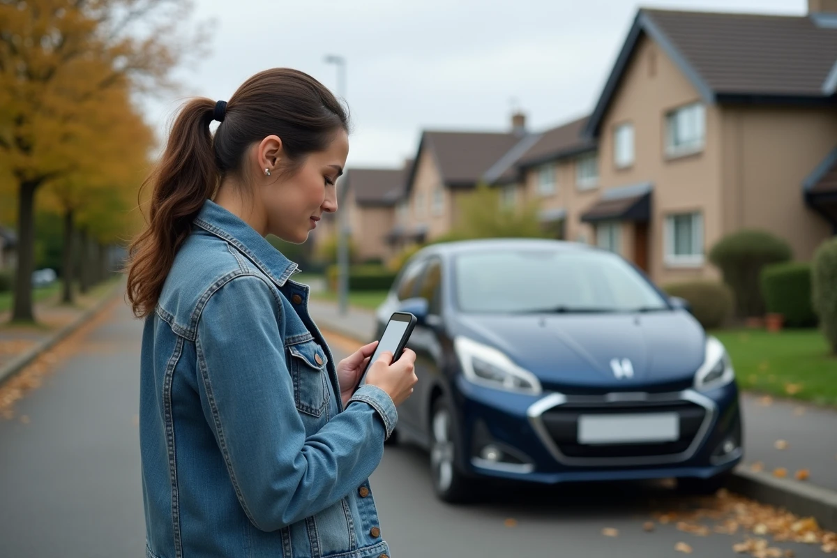 Femme consultant une application de vente de voiture d'occasion sur smartphone devant un véhicule garé dans une rue résidentielle