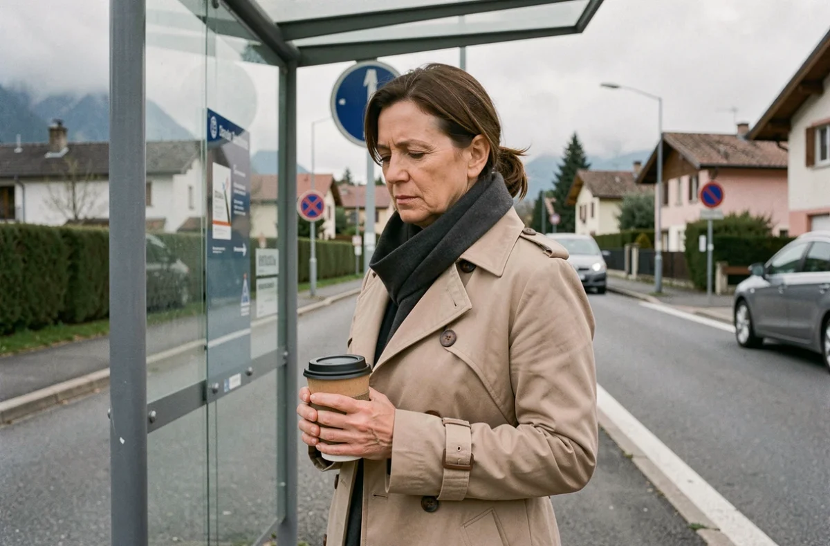 Femme attendant le bus sur la Route de Thonon pour son trajet domicile-travail quotidien