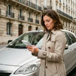Femme consultant son assurance auto sur smartphone devant une rue bordelaise avec façades en pierre calcaire