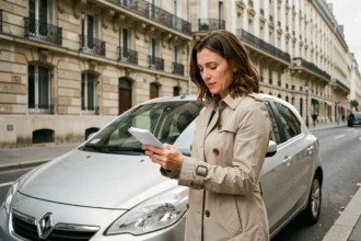 Femme consultant son assurance auto sur smartphone devant une rue bordelaise avec façades en pierre calcaire