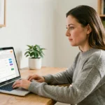 Femme souscrivant une assurance auto en ligne sur son ordinateur portable depuis son bureau à domicile