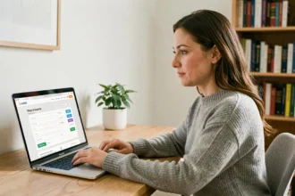 Femme souscrivant une assurance auto en ligne sur son ordinateur portable depuis son bureau à domicile
