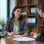 Femme discutant assurance avec agent dans un bureau moderne