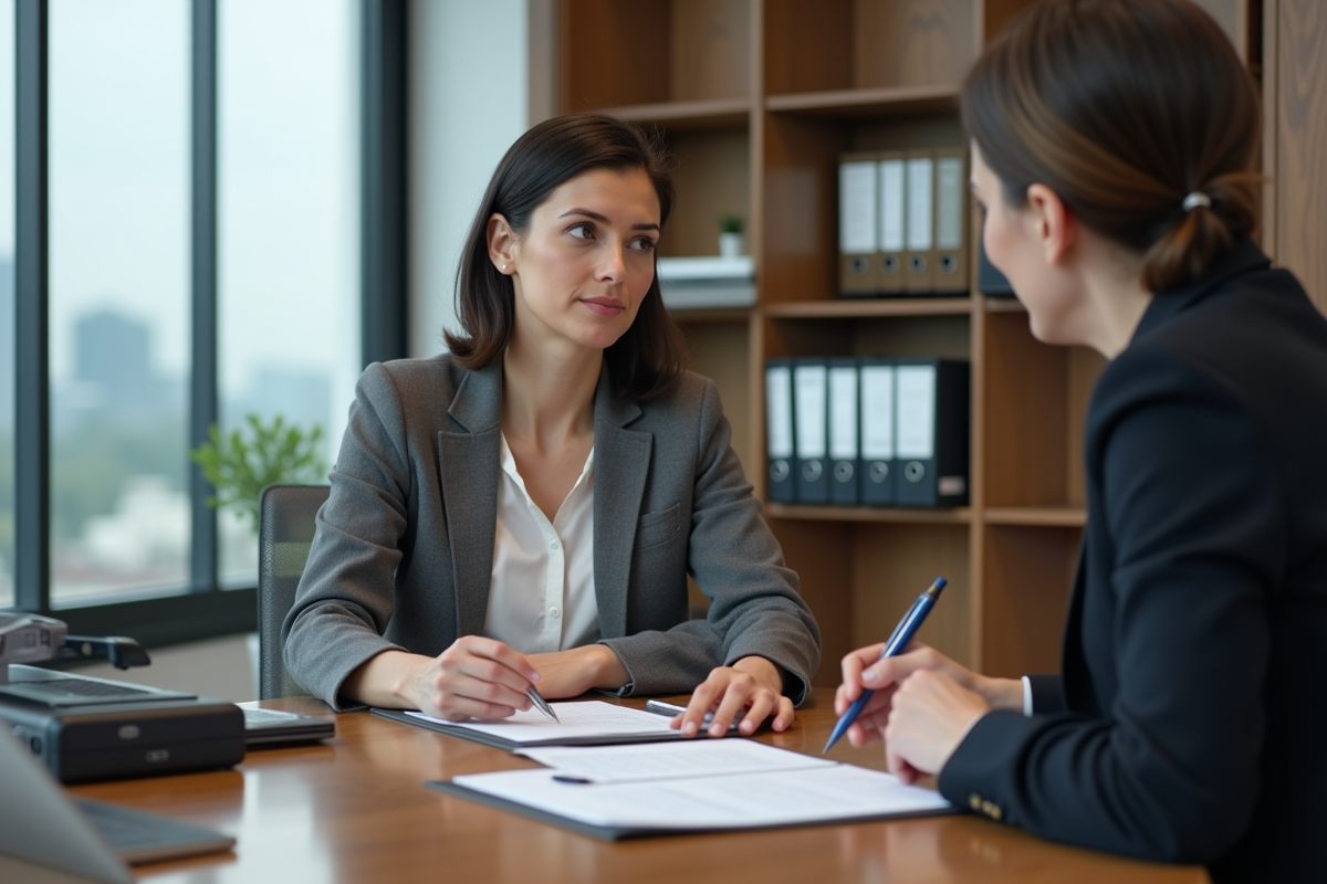 Femme discutant assurance avec agent dans un bureau moderne