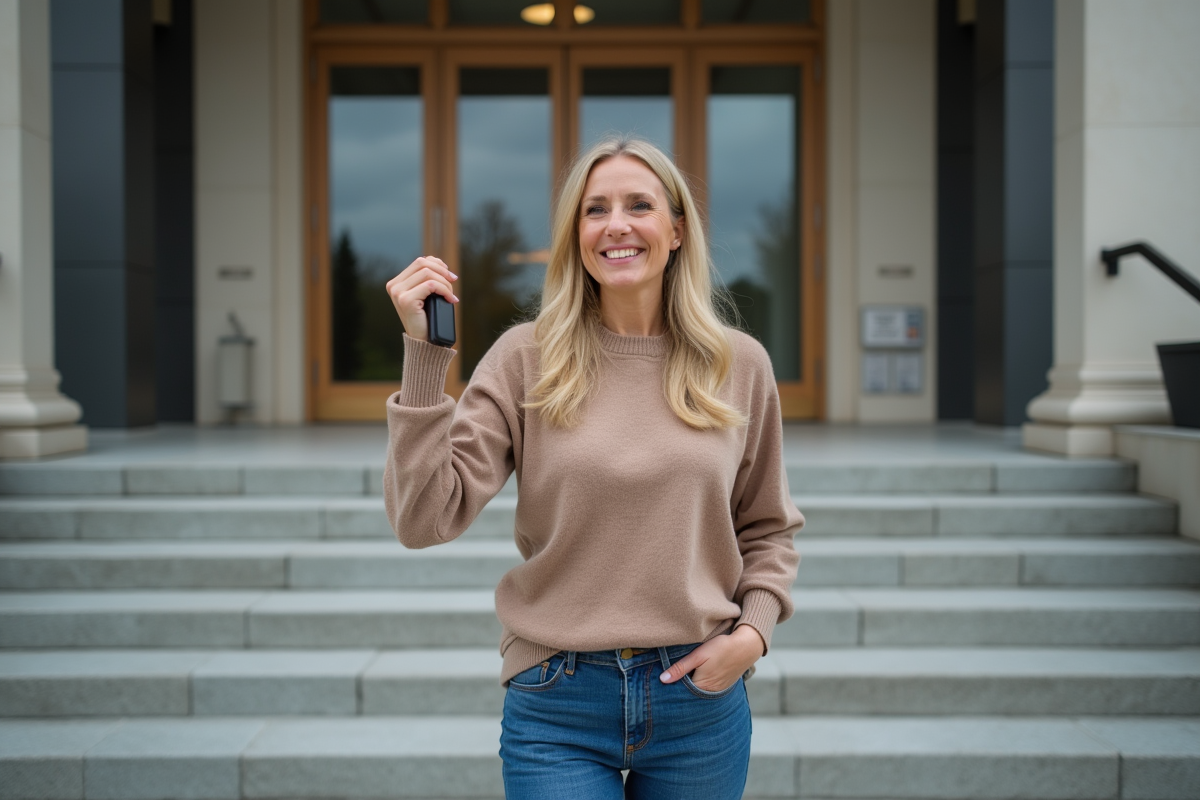 Femme souriante avec clés devant un bâtiment officiel