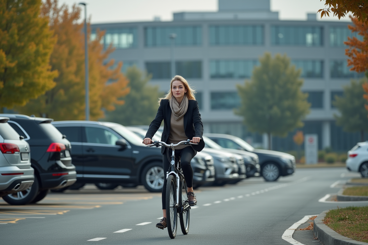 Jeune femme à vélo passant devant des SUV stationnes
