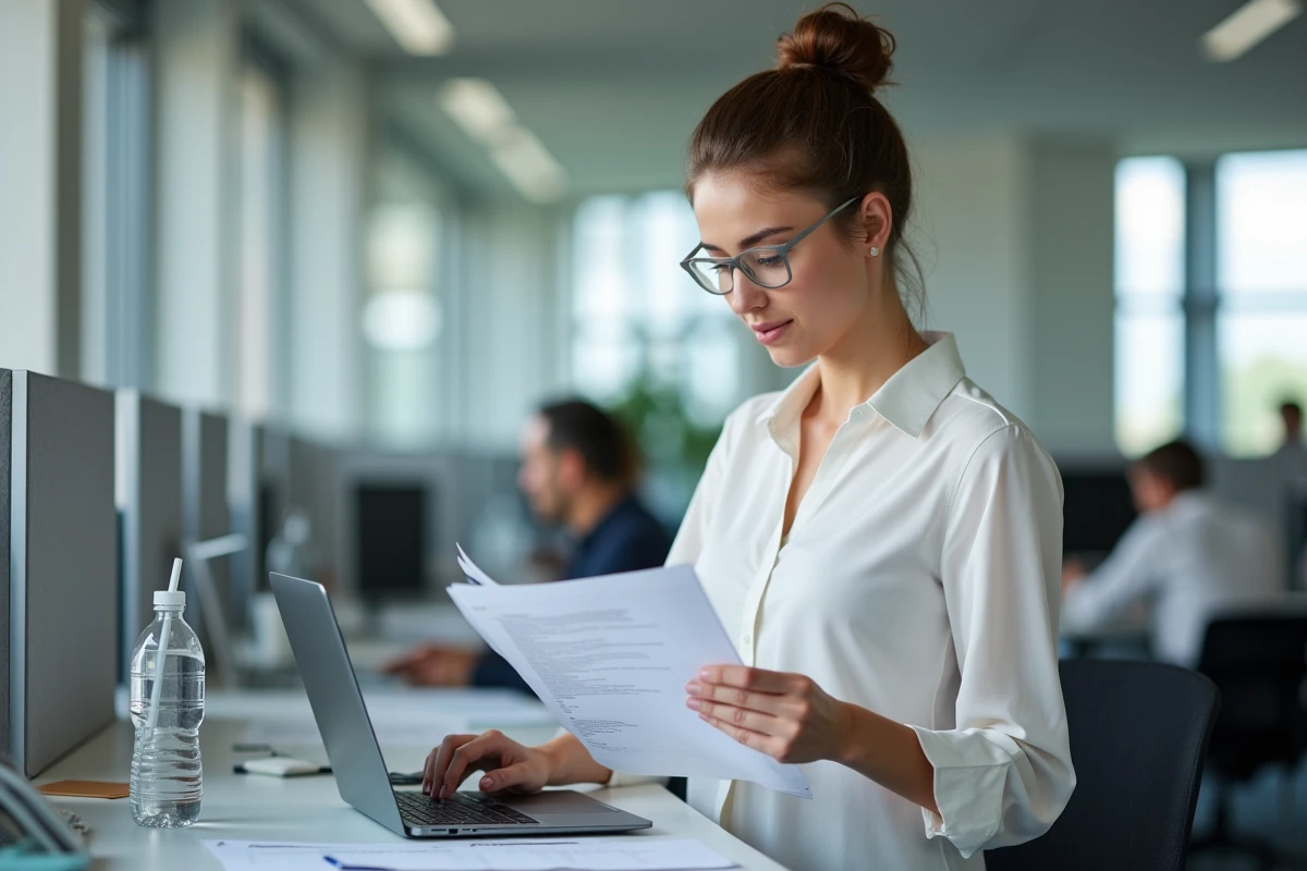 Femme au bureau consultant des documents et le site ANTS pour localiser son code NEPH permis de conduire