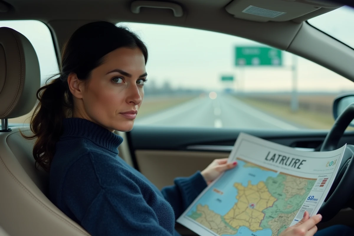 Femme lisant une carte des autoroutes de France assise dans l'habitacle d'une voiture sur l'autoroute