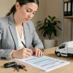 Femme remplissant une demande de carte grise S1 pour un véhicule utilitaire à son bureau