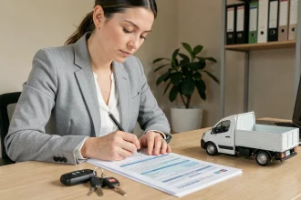 Femme remplissant une demande de carte grise S1 pour un véhicule utilitaire à son bureau
