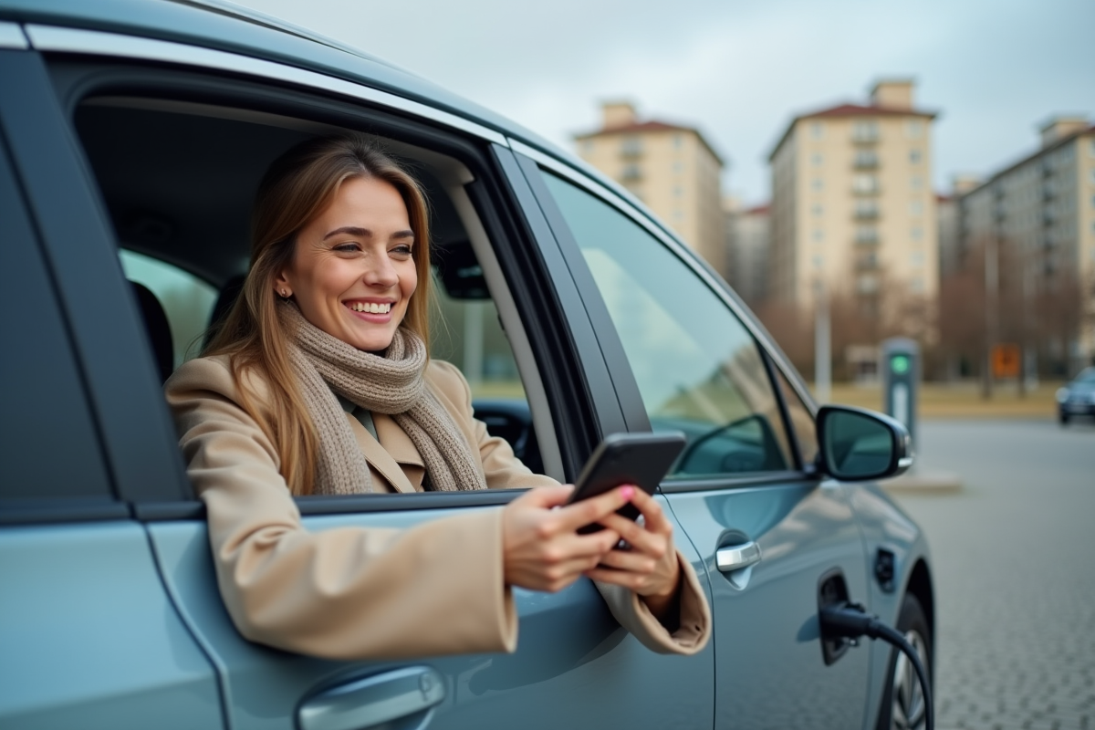 Jeune femme souriante dans une voiture électrique en charge