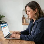 Femme comparant des offres d'assurance auto pas cher sur un ordinateur portable dans sa cuisine