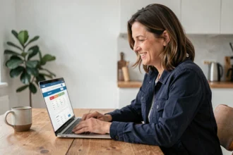 Femme comparant des offres d'assurance auto pas cher sur un ordinateur portable dans sa cuisine