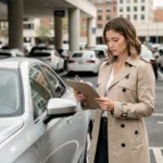 Femme comparant des documents d'assurance voiture à côté d'une berline moderne dans un parking urbain