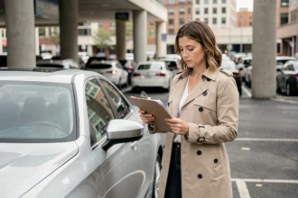 Femme comparant des documents d'assurance voiture à côté d'une berline moderne dans un parking urbain