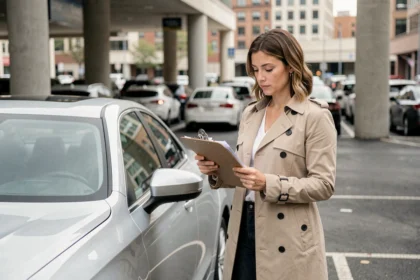 Femme comparant des documents d'assurance voiture à côté d'une berline moderne dans un parking urbain