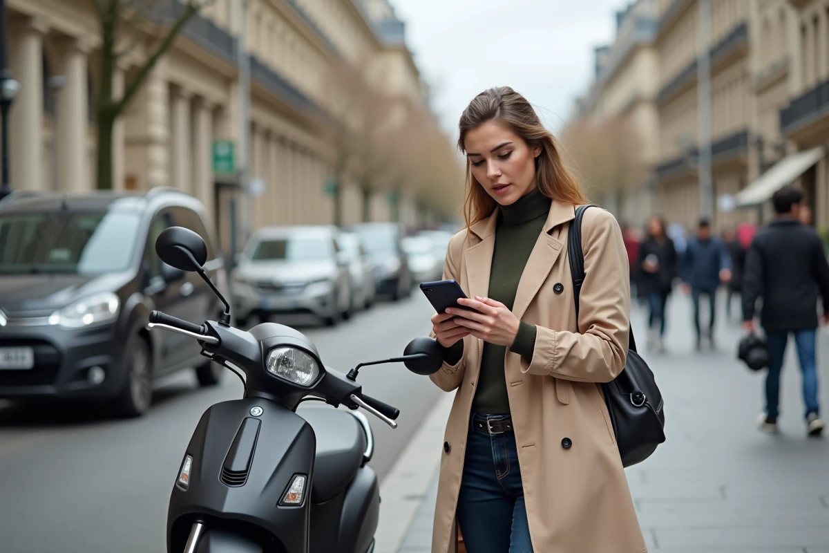Femme comparant la cote de scooters thermiques sur smartphone devant un boulevard parisien en 2026