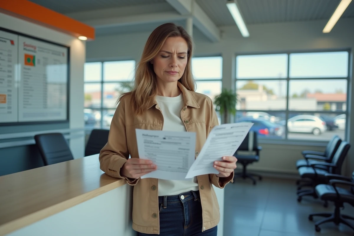 Femme comparant des devis de contrôle technique scooter à l'accueil d'un centre d'inspection