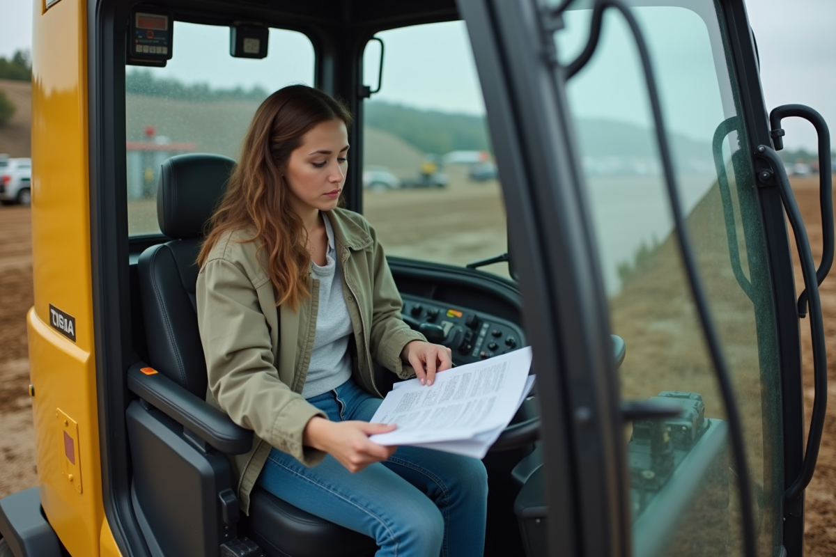Femme dans la cabine d’un miniexcavateur examinant des documents