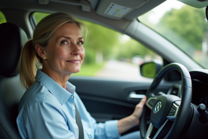 Femme au volant d'une voiture en suburbain calme