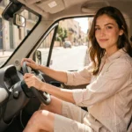 Jeune femme conduisant une voiture sans permis dans les rues de Marseille par une journée ensoleillée